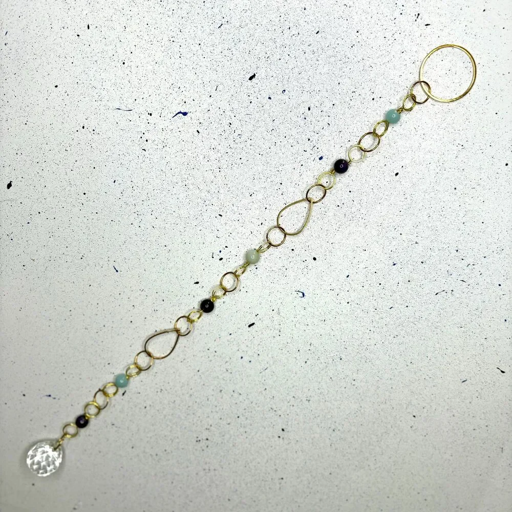 Aquamarine Amethyst Bead Hanging | Gold Teardrop Frame | Crystal Ball Prism